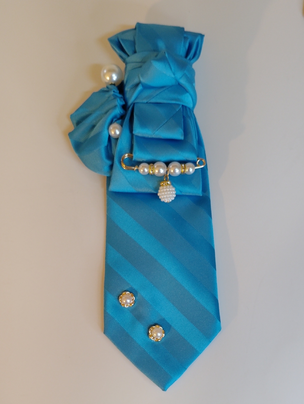 Turquoise Satin Striped Necktie with Pearl Brooch